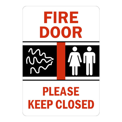 Fire Door Please Keep Closed (With Graphic) Sign Sticker – white sign with red text and a black graphic panel showing smoke waves and male/female figures instructing to keep the fire door closed