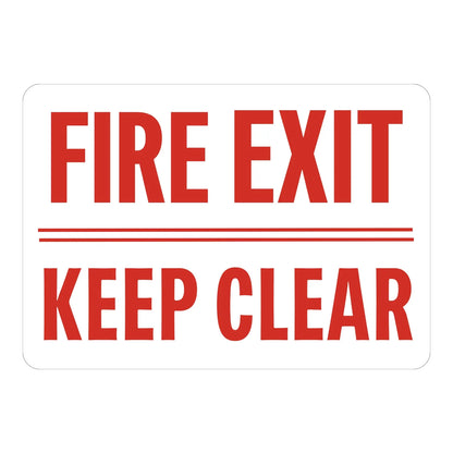 Fire Exit Keep Clear sign stickers: plain white background with bold red FIRE EXIT text, a red horizontal divider line, and bold red KEEP CLEAR text below.