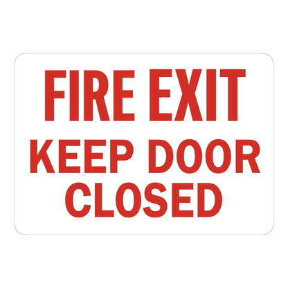 Fire Exit Keep Door Closed (Red Text On White) Sign Sticker – white sign with bold red text instructing to keep the fire exit door closed