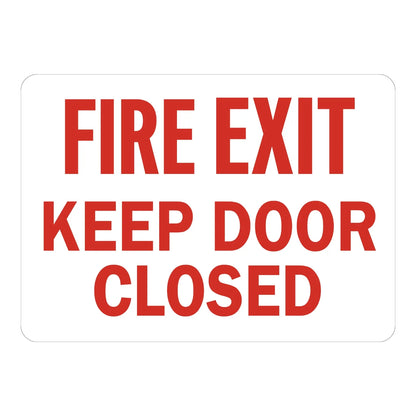 Fire Exit Keep Door Closed (Red Text on White) sign stickers: plain white background with bold red FIRE EXIT KEEP DOOR CLOSED text across three stacked lines.