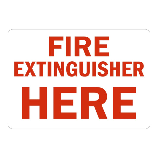 Fire Extinguisher Here (Red Text on White)