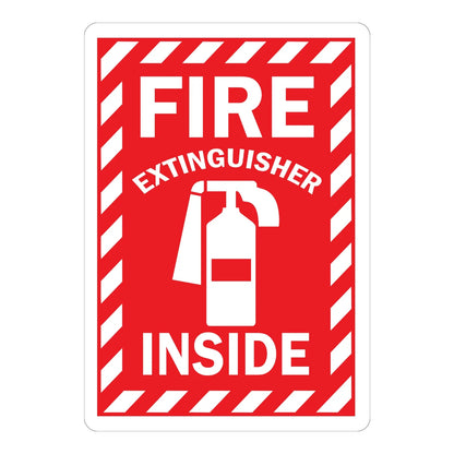 Fire Extinguisher Inside (With Graphic) sign stickers: red background, white diagonal striped border, bold white text and fire extinguisher icon in center.