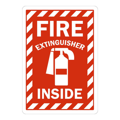 Fire Extinguisher Inside sign stickers: red background with white diagonal striped border, bold white FIRE EXTINGUISHER INSIDE text and extinguisher graphic.