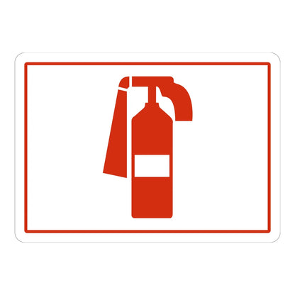 Fire Extinguisher Symbol sign stickers: white background with a thin red border, featuring a large red fire extinguisher icon centered, with no text shown.