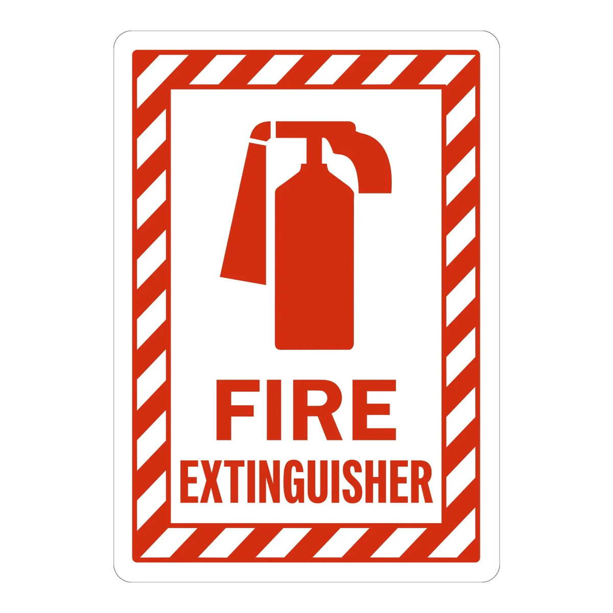 Fire Extinguisher (With Symbol) sign stickers: white background with red diagonal striped border, red extinguisher icon above bold red FIRE EXTINGUISHER text.