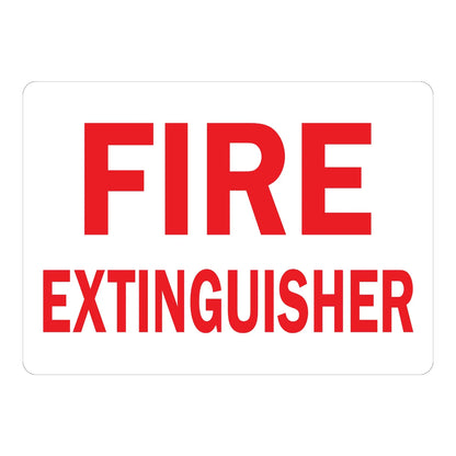 Fire Extinguisher (Red Text on White) sign stickers: plain white background with bold red FIRE EXTINGUISHER text in two stacked lines, no icons or borders.