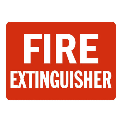 Fire Extinguisher (White Text on Red) sign stickers: solid red rectangular background with bold white FIRE EXTINGUISHER text in two stacked lines, no icon.