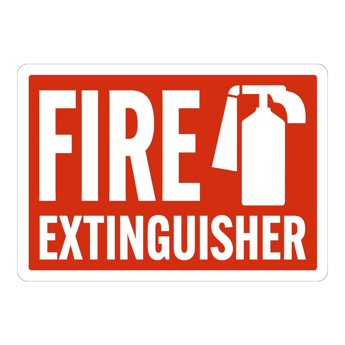 Fire Extinguisher (With Extinguisher Graphic) sign stickers: red rectangular background with bold white FIRE EXTINGUISHER text and white extinguisher icon.