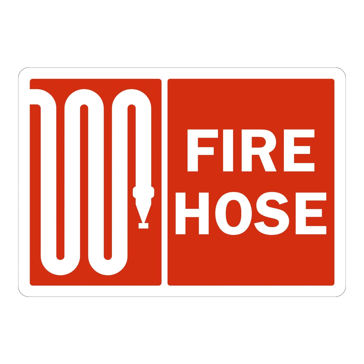 Warning: Fire Hose (With Fire Hose Symbol) Sign Stickers with white coiled hose icon panel beside bold white text on red background.