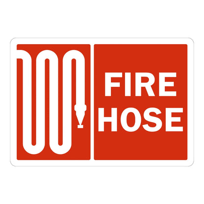 Warning: Fire Hose (With Fire Hose Symbol) Sign Stickers with white coiled hose icon panel beside bold white text on red background.