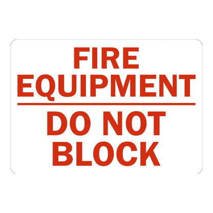 Warning: Fire Equipment - Do Not Block Sign Stickers with bold red text on white background for fire equipment access clearance.