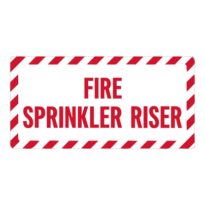 Warning: Fire Sprinkler Riser sign sticker with bold red text on white and a red and white striped border, ideal for fire safety identification in commercial buildings.