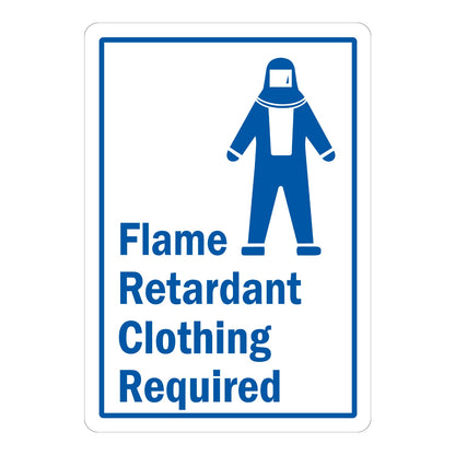 Warning Safety Sign Flame Retardant Clothing Required Sign Sticker with blue border, blue protective suit icon, and blue bold text on white background for fire safety areas.