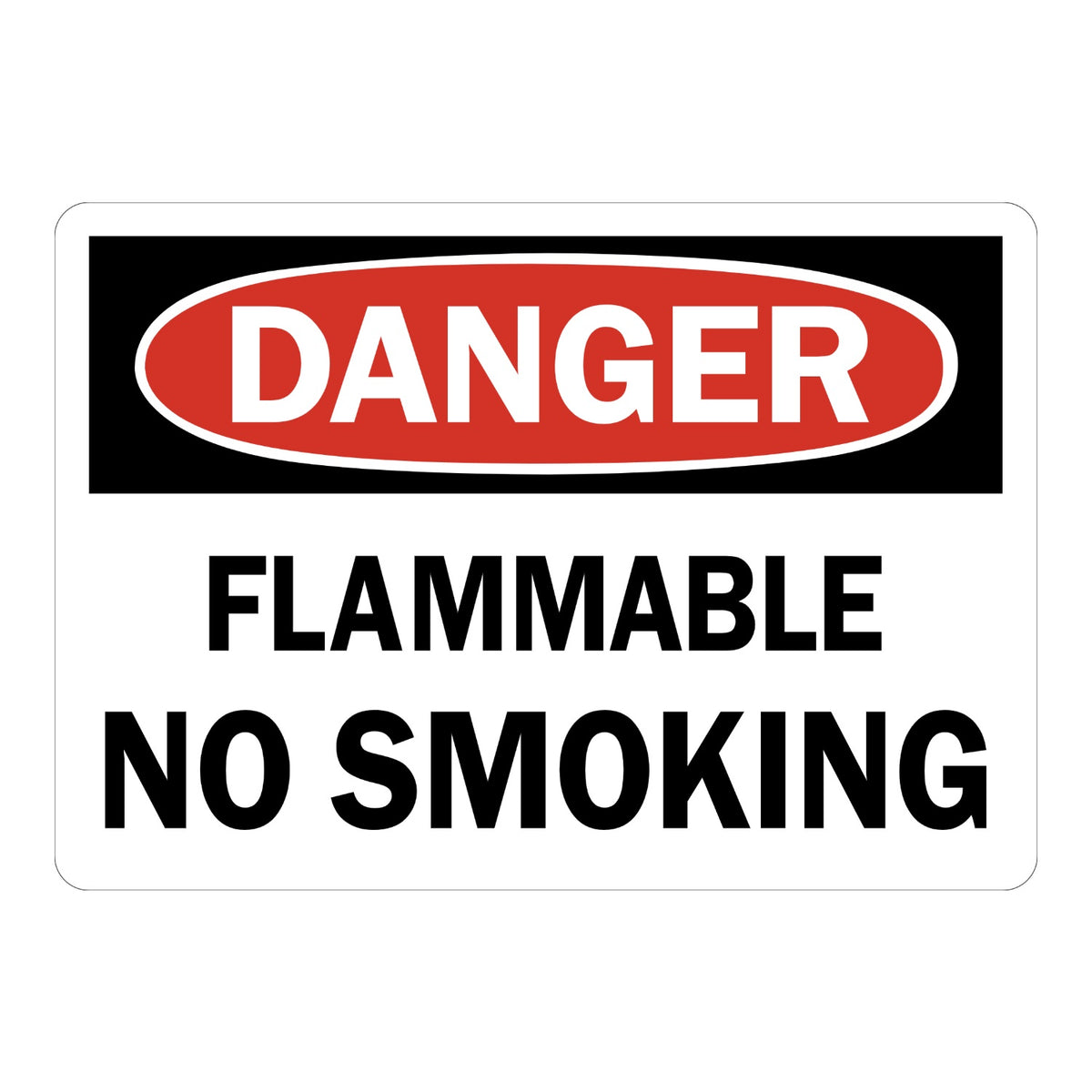 OSHA Danger Flammable No Smoking sign sticker with red oval header on a black panel and bold black text, a decal warning of fire hazards in storage and work areas