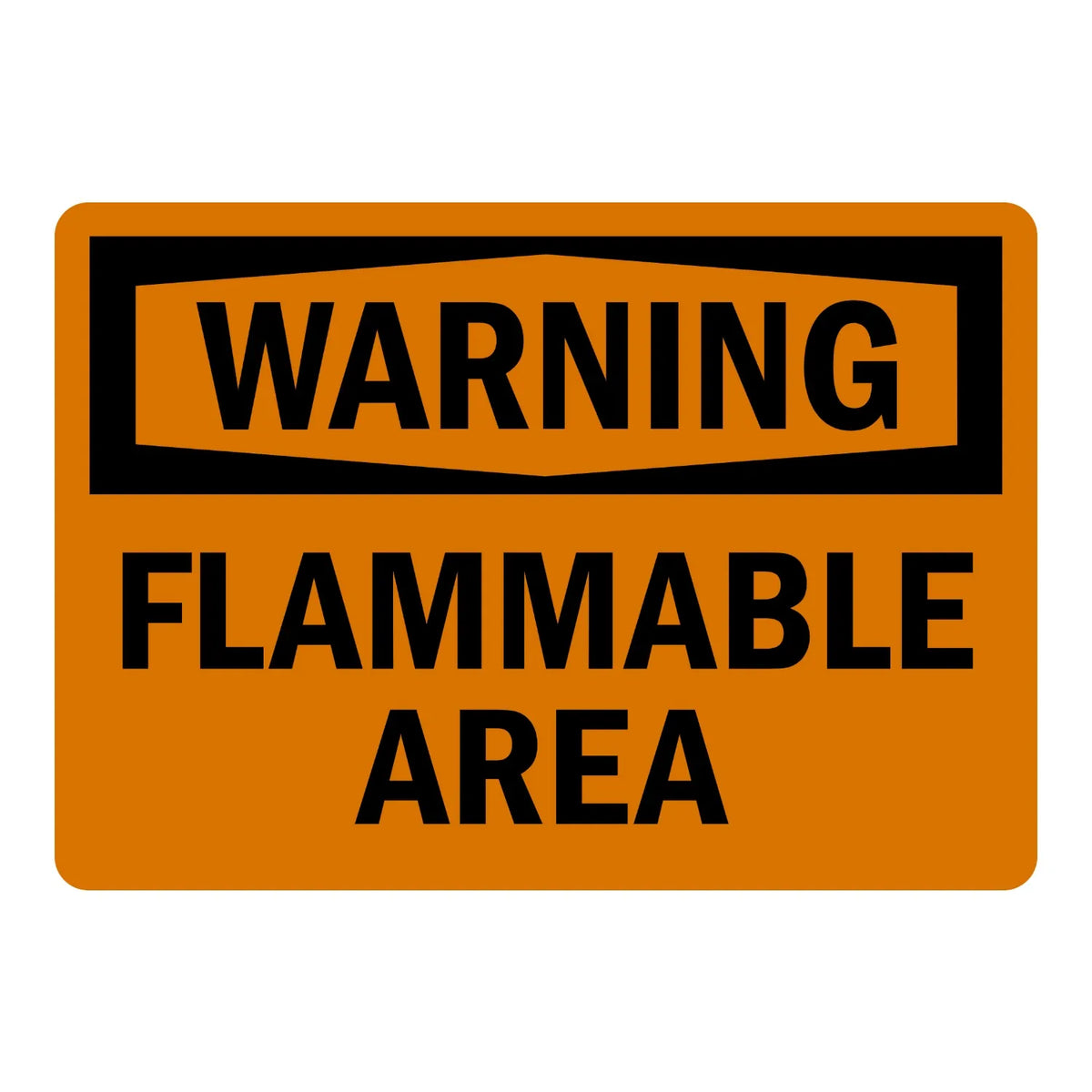 Warning: Flammable Area sign sticker with bold black text on orange and a banner-style header, ideal for OSHA hazard identification and warning labeling.