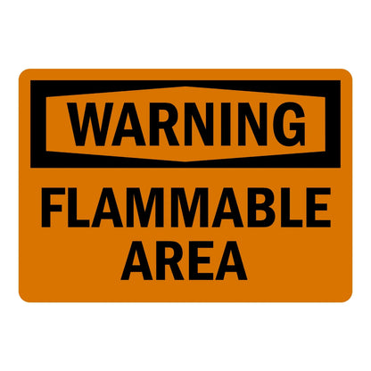 Warning: Flammable Area sign sticker with bold black text on orange and a banner-style header, ideal for OSHA hazard identification and warning labeling.