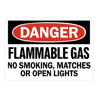 OSHA Danger Flammable Gas No Smoking Matches or Open Lights sign sticker with red oval header on a black panel and bold black text, a decal warning of gas hazards