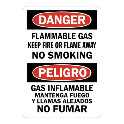 Bilingual OSHA Danger Flammable Gas Keep Fire or Flame Away No Smoking sign sticker with red oval Danger and Peligro headers, an English and Spanish decal