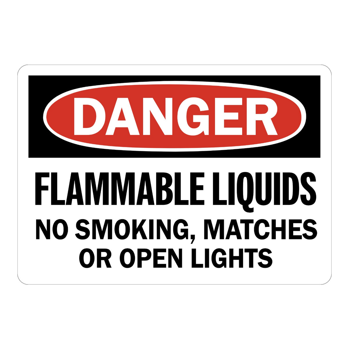 OSHA Danger Flammable Liquids No Smoking Matches or Open Lights sign sticker with red oval header on a black panel and bold black text, a decal for fuel storage