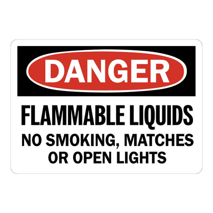 OSHA Danger Flammable Liquids No Smoking Matches or Open Lights sign sticker with red oval header on a black panel and bold black text, a decal for fuel storage