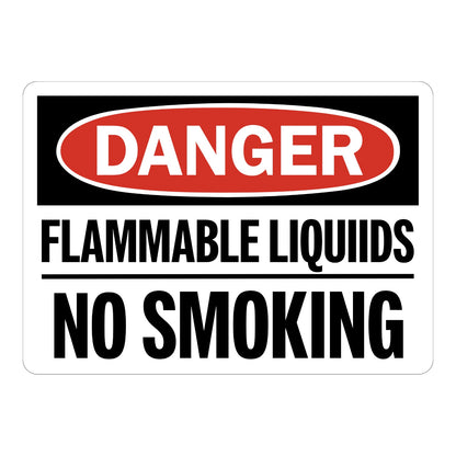 OSHA Danger Flammable Liquids No Smoking sign sticker with red oval header on a black panel and bold black text, a decal warning of fire hazards near fuel storage