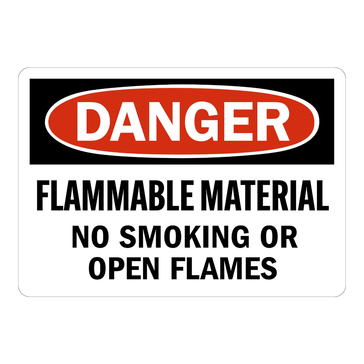 OSHA Danger Flammable Material No Smoking or Open Flames sign sticker with red oval header on a black panel and bold black text, a decal warning of fire hazards