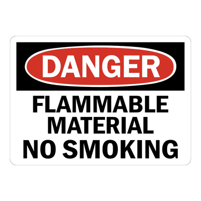OSHA Danger Flammable Material No Smoking sign sticker with red oval header on a black panel and bold black text, a decal warning of fire hazards in storage areas