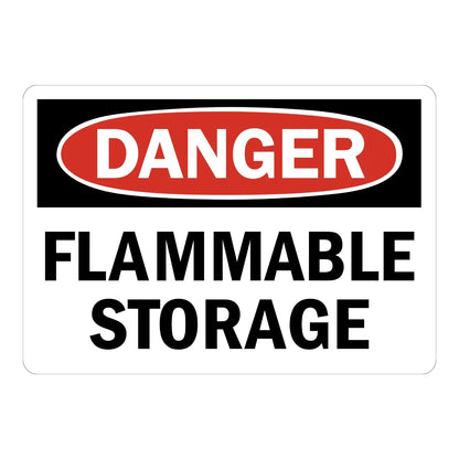Danger: Flammable Storage sign sticker with bold white text in a red oval on black and bold black text on white, ideal for OSHA hazard identification and storage areas.