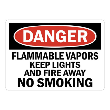 OSHA Danger Flammable Vapors Keep Lights and Fire Away No Smoking sign sticker with red oval header on a black panel and bold black text, a decal for vapor hazards