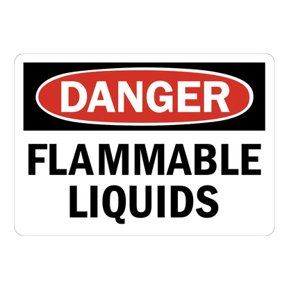Danger: Flammable Liquids sign sticker with bold white text in a red oval on black and bold black text on white, ideal for OSHA hazard identification.