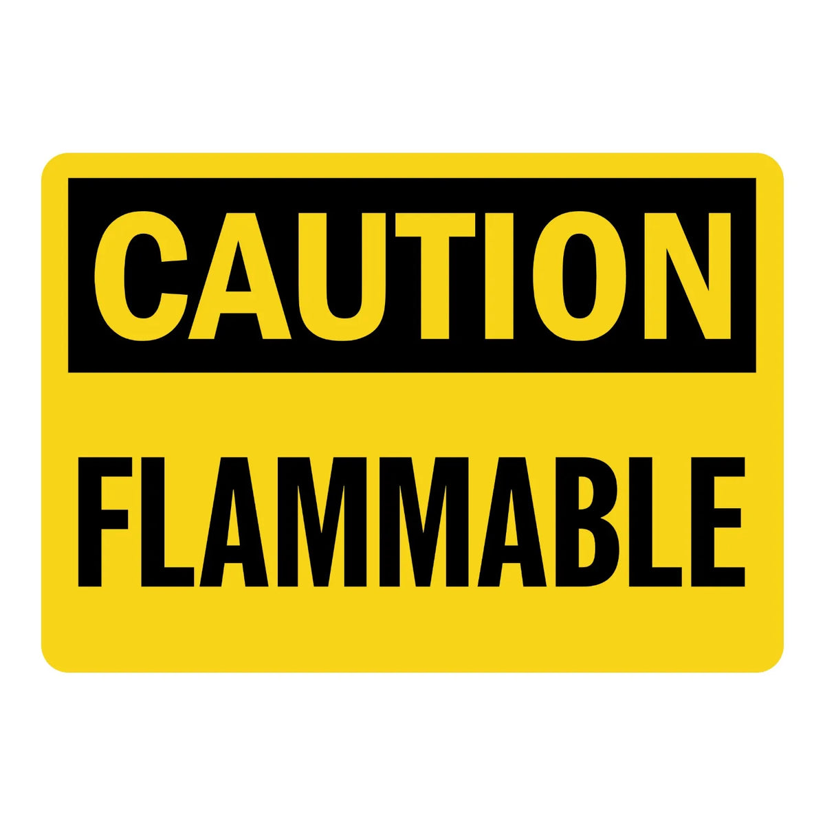 Caution: Flammable sign sticker with bold yellow text on black and bold black text on yellow, ideal for OSHA hazard identification and warning labeling.