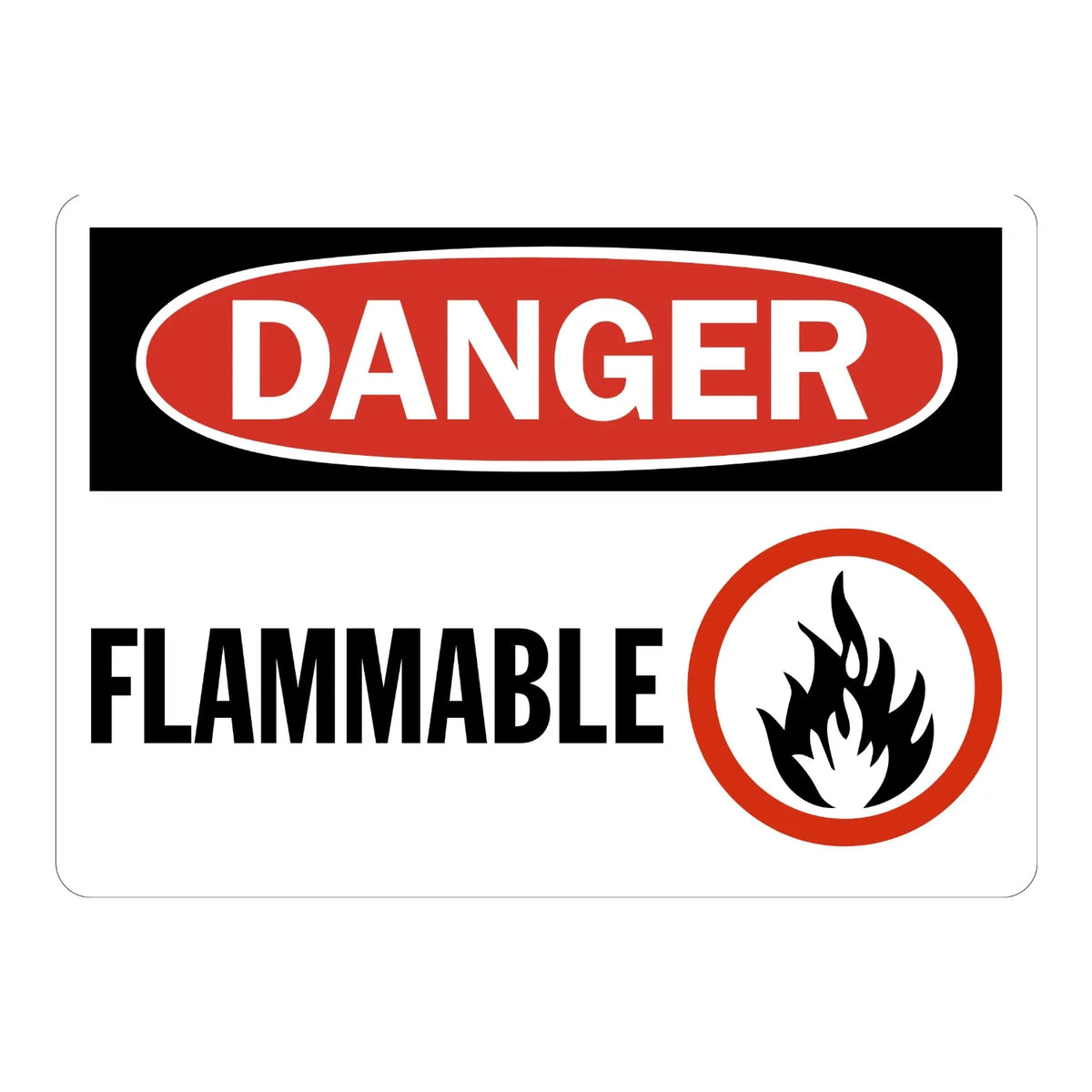 Danger: Flammable sign sticker with bold white text in a red oval on black, bold black text on white, and a flame icon, ideal for OSHA hazard identification.