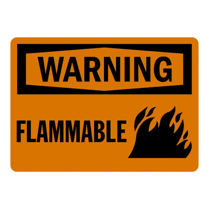 Warning: Flammable sign sticker with bold black text on orange, a banner-style header, and a flame graphic, ideal for OSHA hazard identification and warning labeling.