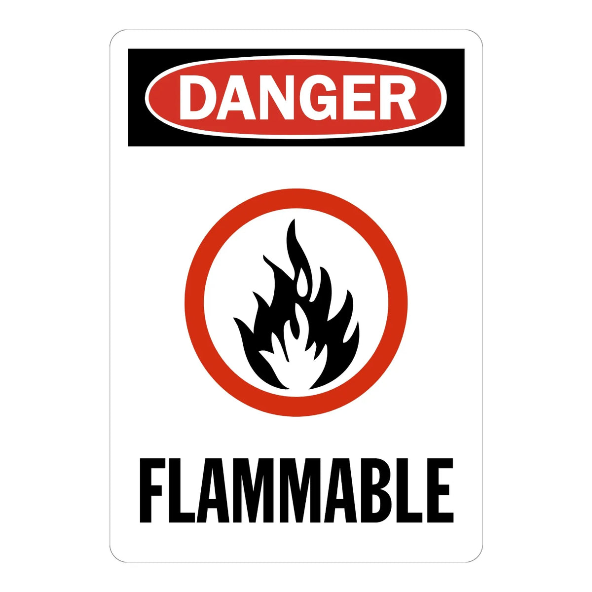 Danger: Flammable sign sticker with bold white text in a red oval on black, a flame icon in a red circle, and bold black text, ideal for OSHA hazard identification.