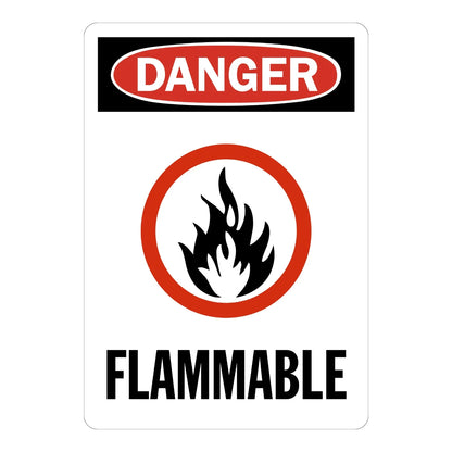 Danger: Flammable sign sticker with bold white text in a red oval on black, a flame icon in a red circle, and bold black text, ideal for OSHA hazard identification.