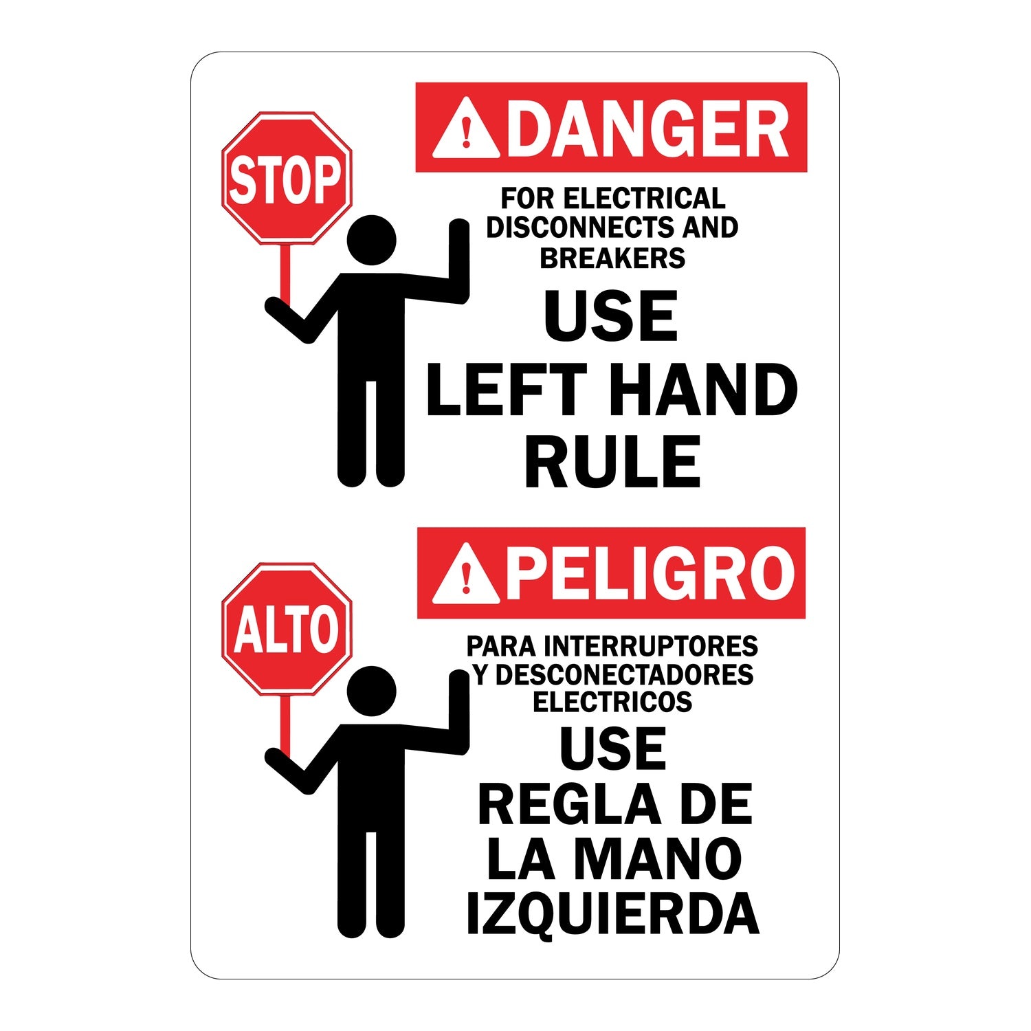 Bilingual ANSI Danger For Electrical Disconnects and Breakers Use Left Hand Rule