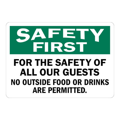Safety First: For the Safety of All Our Guests, No Outside Food or Drinks Are Permitted Sign Sticker with green SAFETY FIRST header and bold black text on white