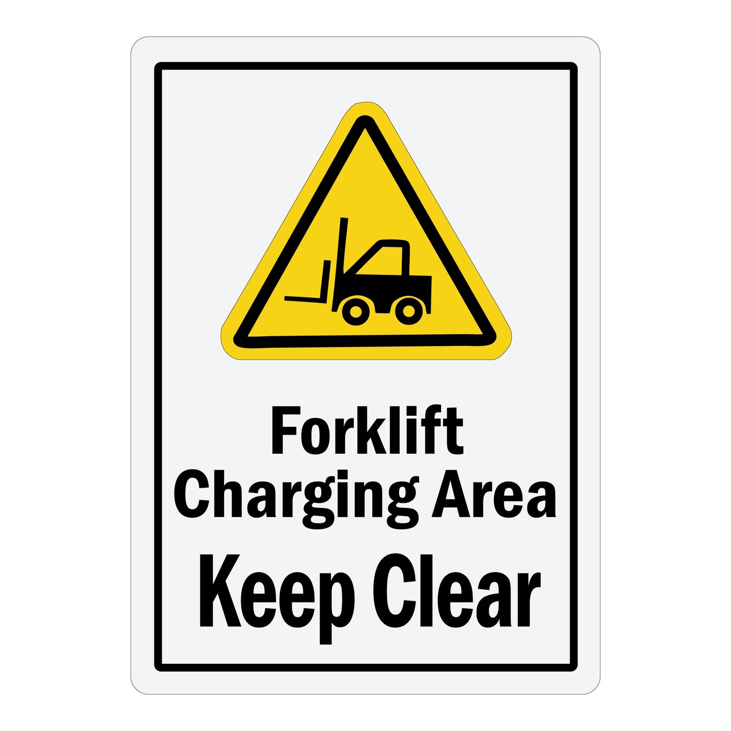 White sign sticker with yellow triangle forklift warning symbol and bold black text reading "Forklift Charging Area Keep Clear" for warehouse and industrial safety use.