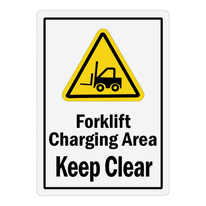 White sign sticker with yellow triangle forklift warning symbol and bold black text reading "Forklift Charging Area Keep Clear" for warehouse and industrial safety use.