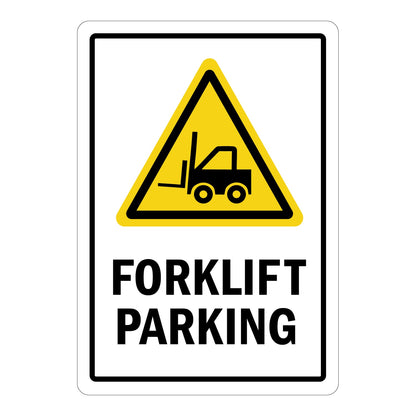 White sign sticker with yellow triangle forklift warning symbol and bold black text reading "FORKLIFT PARKING" for warehouse and industrial safety use.