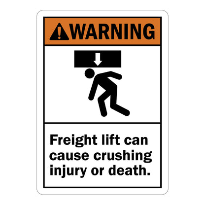 ANSI Warning: Freight Lift Can Cause Crushing Injury Or Death Sign Stickers – Orange WARNING header, descending load over person icon. For freight lift & industrial loading dock safety zones.