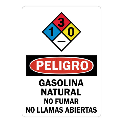 OSHA Peligro Gasolina Natural Sign Sticker featuring NFPA diamond rated 1-3-0 above red oval PELIGRO header with No Fumar No Llamas text; ideal for gas stations, storage.