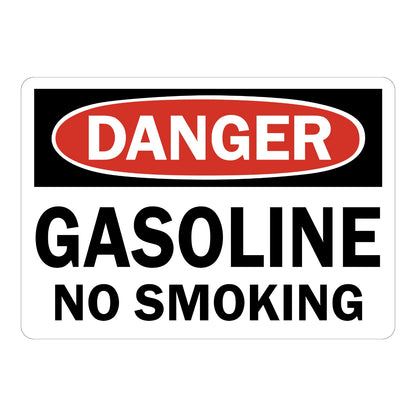 OSHA Danger Gasoline No Smoking Sign Sticker with white background, red and black DANGER header, and bold black text warning of flammable fuel hazard