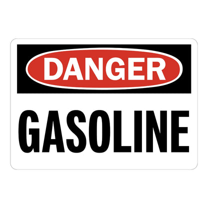 OSHA Danger Gasoline Sign Sticker with white background, red and black DANGER header, and large bold black text warning of flammable fuel hazard on site