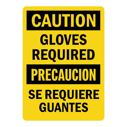 Bilingual Caution: Gloves Required sign sticker with bold black text on yellow, in English and Spanish, ideal for OSHA compliance in industrial workplaces.