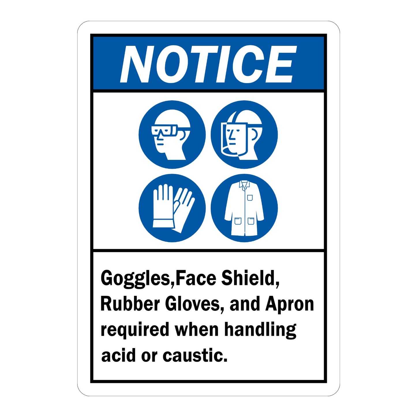 ANSI Notice: Goggles, Face Shield, Rubber Gloves, and Apron Required When Handling Acid or Caustic sign sticker with blue header and four blue PPE icons.