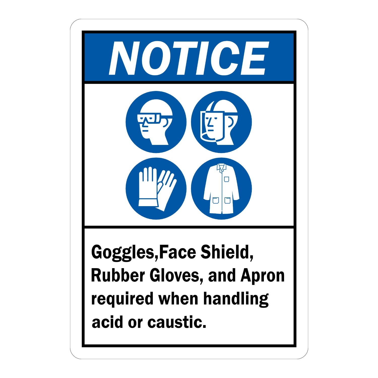 ANSI Notice: Goggles, Face Shield, Rubber Gloves, and Apron Required When Handling Acid or Caustic