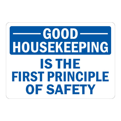 Good Housekeeping Is the First Principle of Safety Sign Stickers with a white GOOD HOUSEKEEPING header on a blue band and bold blue text on a white background