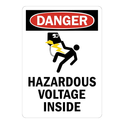 OSHA Danger: Hazardous Voltage Inside Sign Sticker with red DANGER oval header and electrocution hazard icon showing a shocked figure, warning of injury risk inside.
