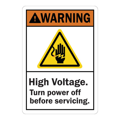ANSI Warning: High Voltage, Turn Power Off Before Servicing Sign Sticker with orange header and electric shock hand icon, instructing workers to de-energize first.